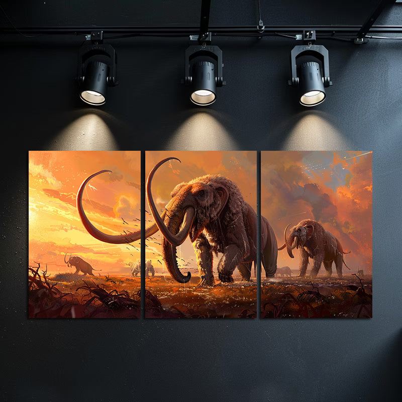 3pcs Mammoth Migration Saber-Toothed Tiger Scene Wall Art Set Canvas Framed 60x90cm - High Quality Print 100% Australian Made Wall Canvas Ready to Hang