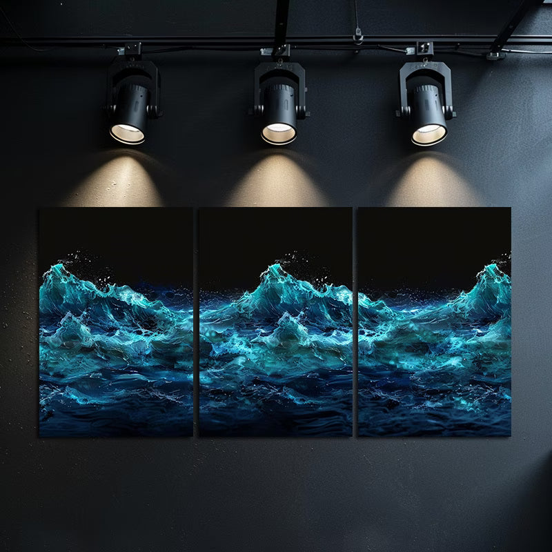 3pcs Ocean Wave Blue and Black Lighting Design Wall Art Set Canvas Framed 50x70cm - High Quality Print 100% Australian Made Wall Canvas Ready to Hang