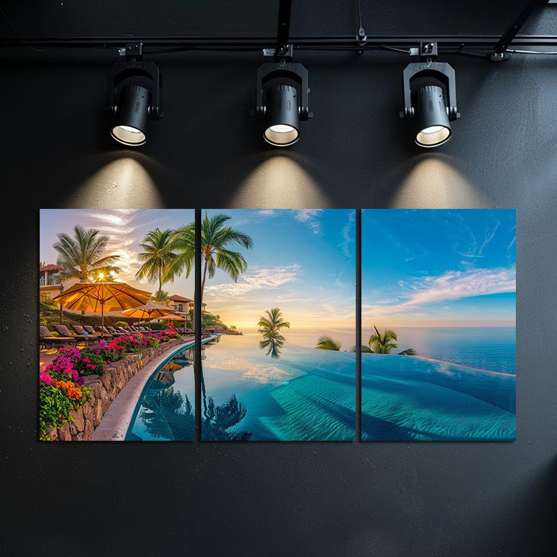 3pcs Luxury Hotel Infinity Pool Ocean View Wall Art Set Canvas Framed 40x60cm - High Quality Print 100% Australian Made Wall Canvas Ready to Hang