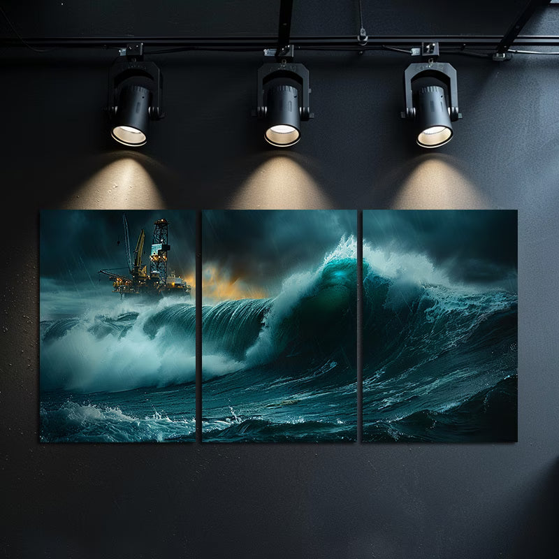 3pcs Ocean Wave and Oil Rig Scene Wall Art Set Canvas Framed 50x70cm - High Quality Print 100% Australian Made Wall Canvas Ready to Hang