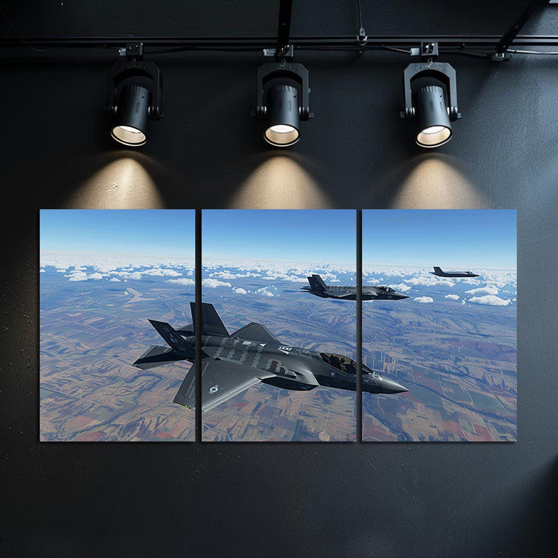 3pcs Photo of An F35 and N Ma Package Flying Wall Art Set Canvas Framed 60x90cm - High Quality Print 100% Australian Made Wall Canvas Ready to Hang