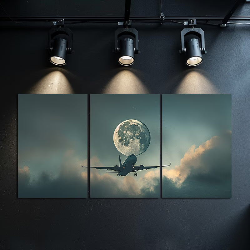 3pcs Airplane and Full Moon Over Clouds Wall Art Set Canvas Framed 60x90cm - High Quality Print 100% Australian Made Wall Canvas Ready to Hang