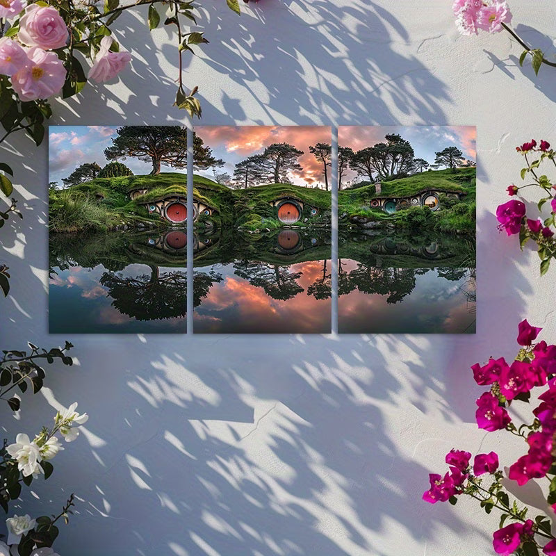 3pcs Serene Twilight Shire Reflection Scene Wall Art Set Canvas Framed 60x90cm - High Quality Print 100% Australian Made Wall Canvas Ready to Hang