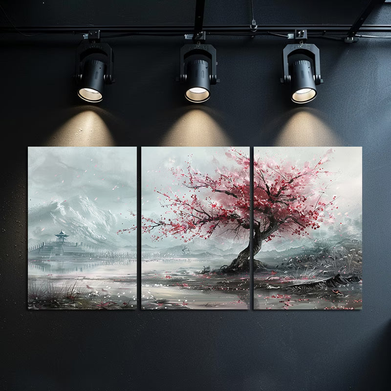 3pcs Single Cherry Blossom Tree in Full Bloom Wall Art Set Canvas Framed 50x70cm - High Quality Print 100% Australian Made Wall Canvas Ready to Hang