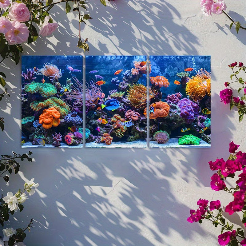 3pcs Vibrant Coral Reef Aquarium with Fish Wall Art Set Canvas Framed 60x90cm - High Quality Print 100% Australian Made Wall Canvas Ready to Hang