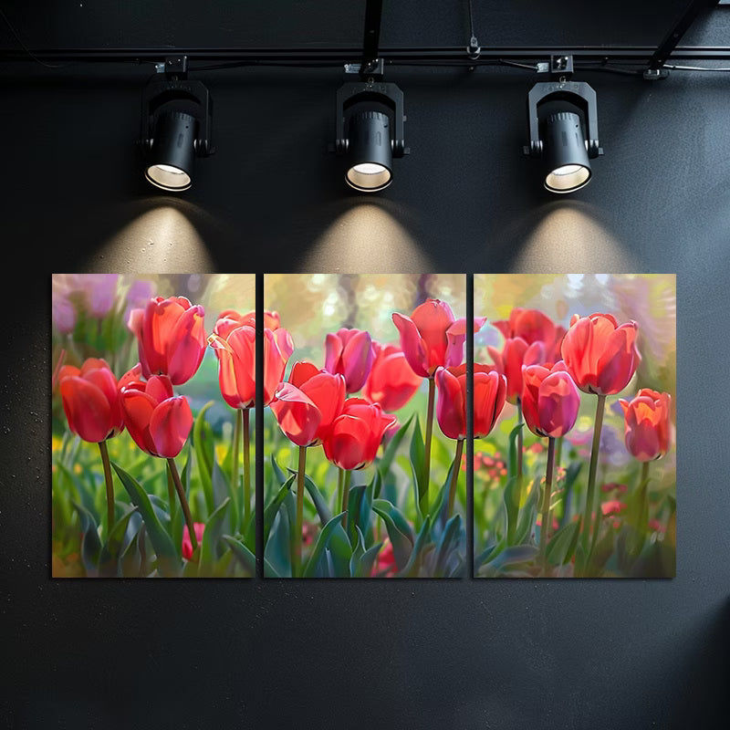 3pcs Vibrant Display of Red Tulips in Full Bloom Wall Art Set Canvas Framed 60x90cm - High Quality Print 100% Australian Made Wall Canvas Ready to Hang