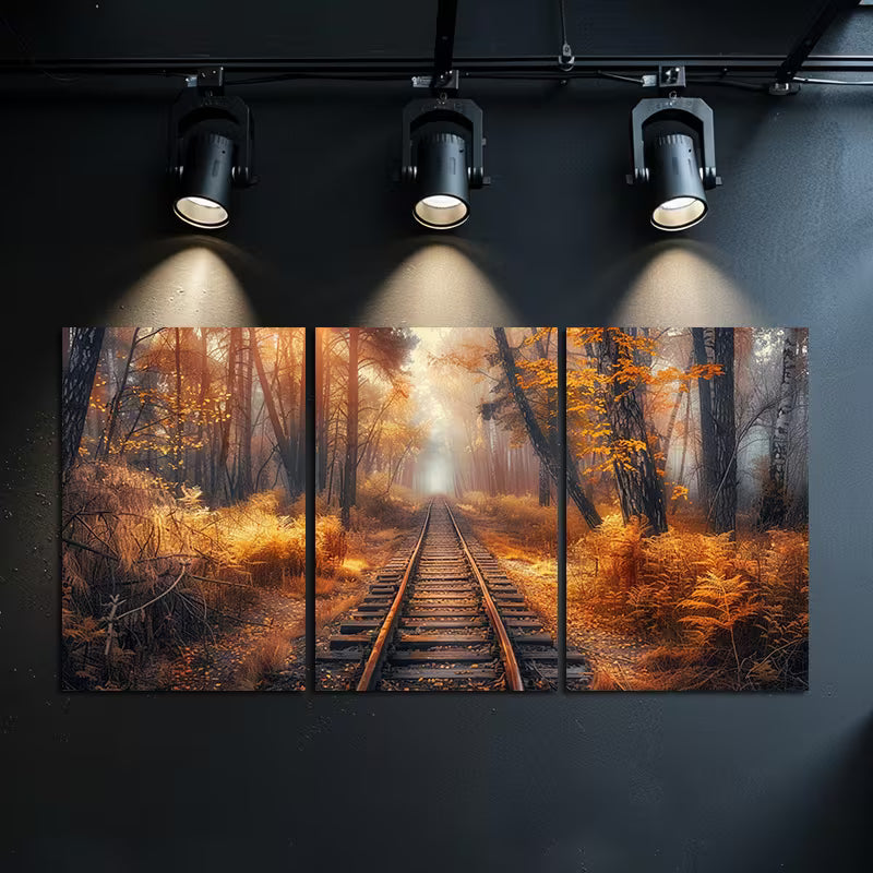 3pcs Autumn Forest Old Broken Railroad Track Wall Art Set Canvas Framed 50x70cm - High Quality Print 100% Australian Made Wall Canvas Ready to Hang - Bella Home Decor