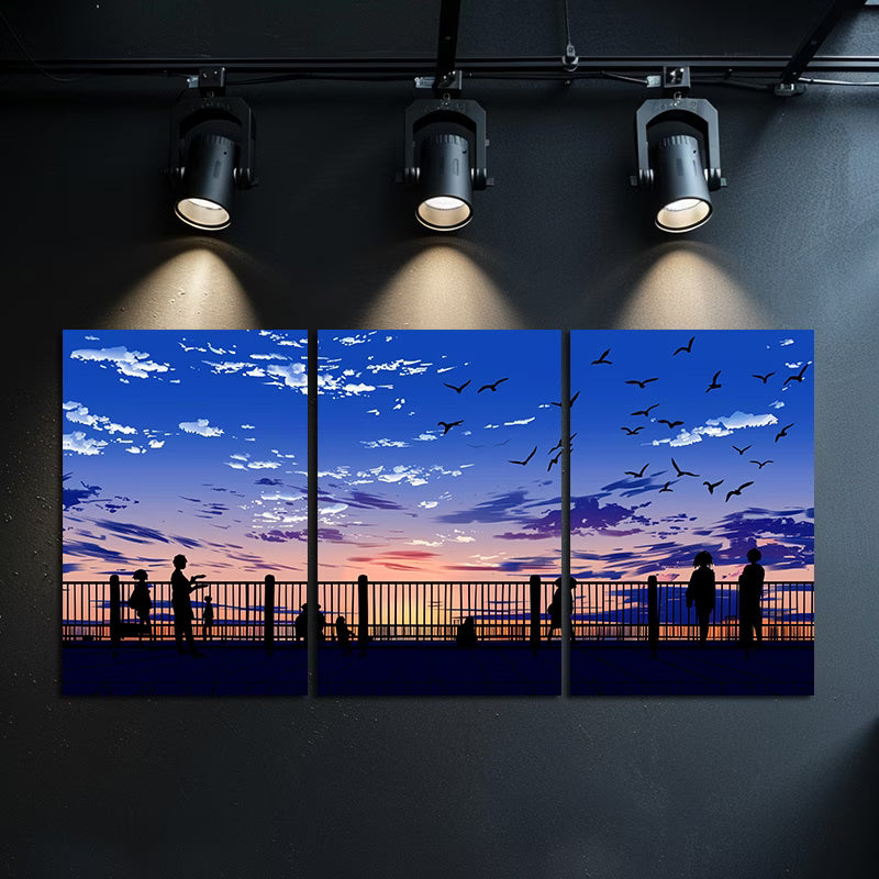 3pcs Anime Sky with Clouds and Silhouettes Wall Art Set Canvas Framed 40x60cm - High Quality Print 100% Australian Made Wall Canvas Ready to Hang - Bella Home Decor