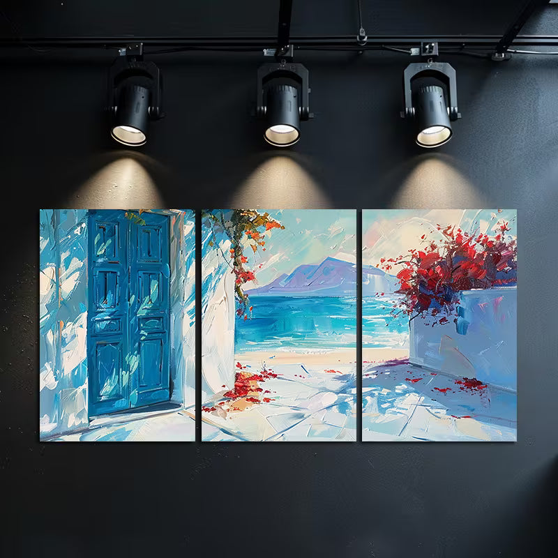 3pcs Charming Greek Beach Scene Wall Art Set Canvas Framed 50x70cm - High Quality Print 100% Australian Made Wall Canvas Ready to Hang - Bella Home Decor