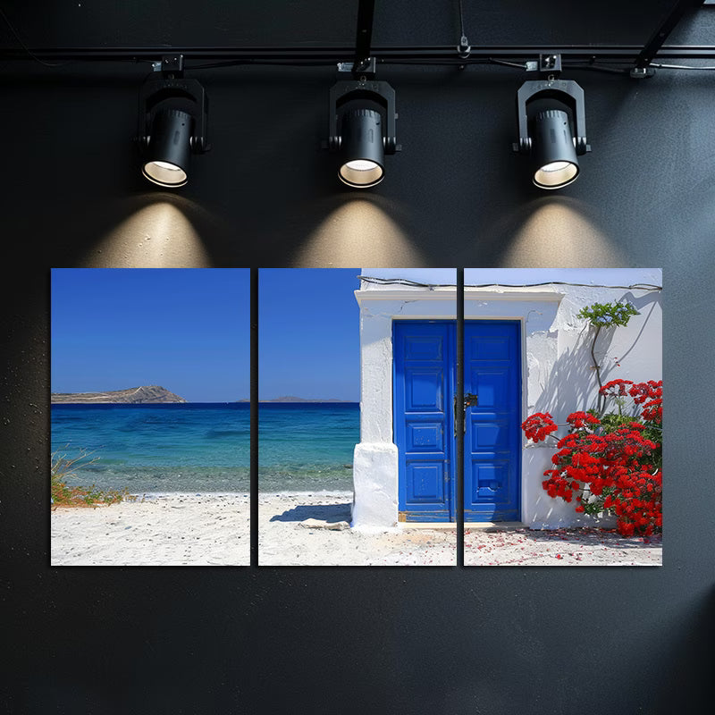 3pcs Greek Beach Scene with Blue Door and Floral Wall Art Set Canvas Framed 60x90cm - High Quality Print 100% Australian Made Wall Canvas Ready to Hang