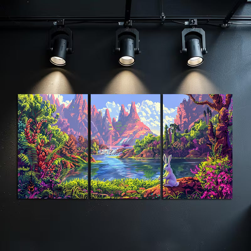 3pcs Illustration of Fantasy World with Mountains Wall Art Set Canvas Framed 60x90cm - High Quality Print 100% Australian Made Wall Canvas Ready to Hang