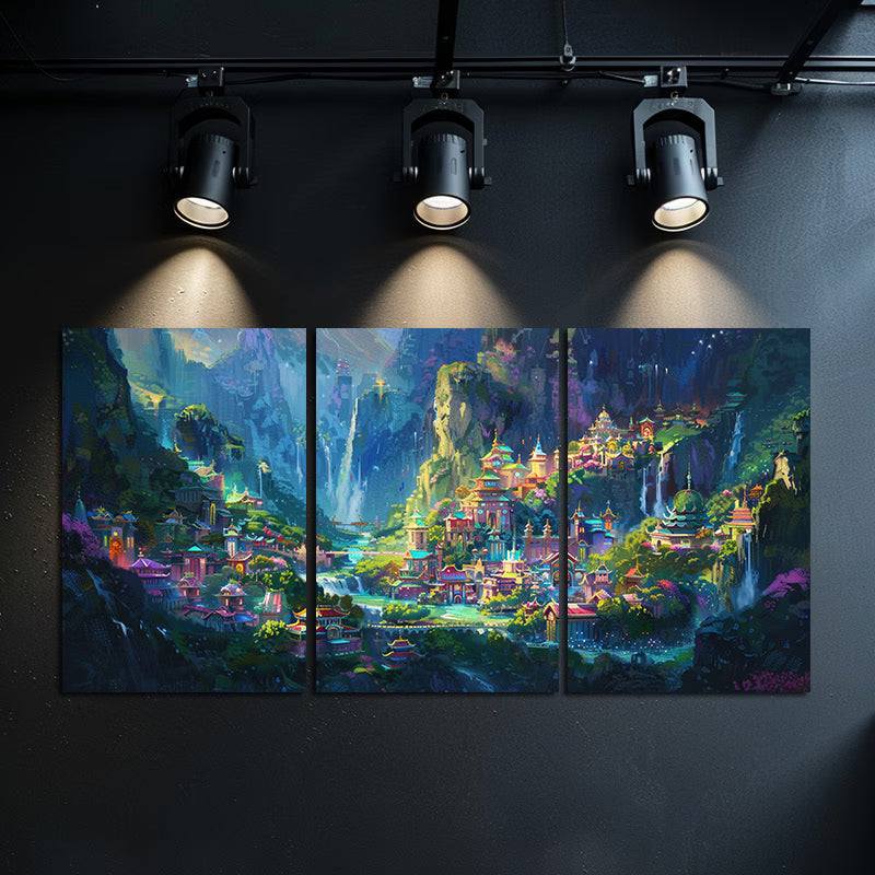 3pcs Asian Inspired Mountain Surrounded City Wall Art Set Canvas Framed 40x60cm - High Quality Print 100% Australian Made Wall Canvas Ready to Hang - Bella Home Decor