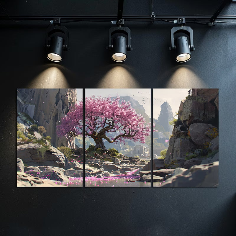 3pcs Serene Pink Tree in Rocky River Scene Wall Art Set Canvas Framed 60x90cm - High Quality Print 100% Australian Made Wall Canvas Ready to Hang