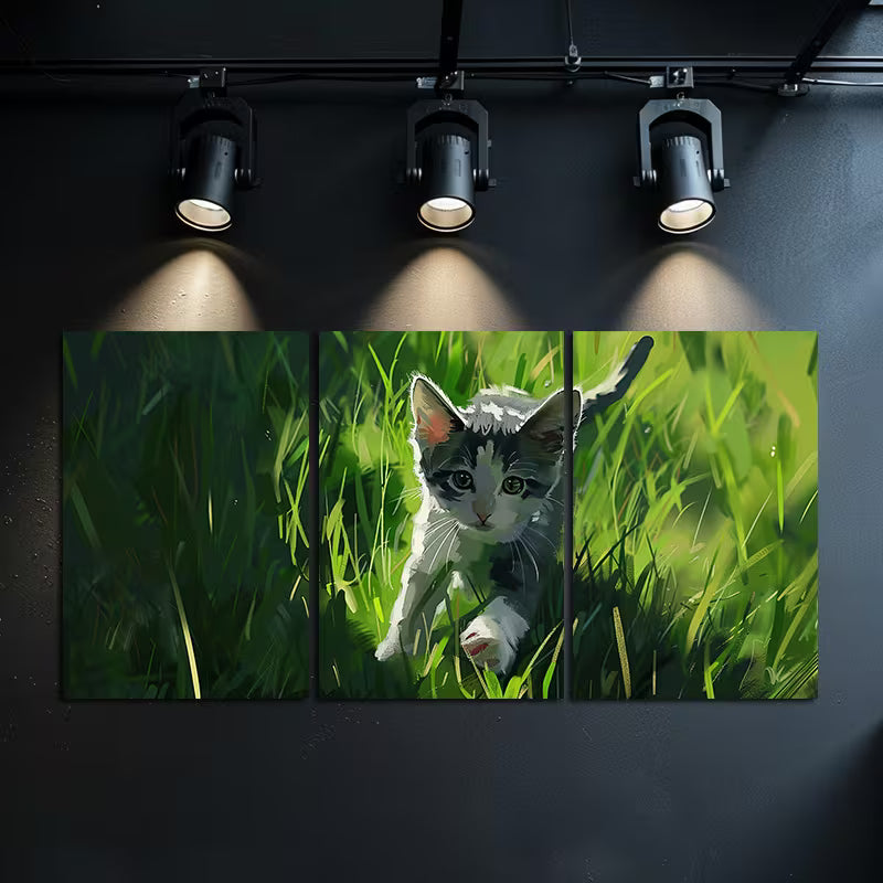 3pcs Cute Grey and White Kitten in Green Grass Wall Art Set Canvas Framed 40x60cm - High Quality Print 100% Australian Made Wall Canvas Ready to Hang - Bella Home Decor