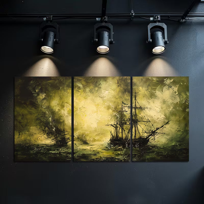 3pcs Sailing Ships in a Stormy Sea Wall Art Set Canvas Framed 40x60cm - High Quality Print 100% Australian Made Wall Canvas Ready to Hang
