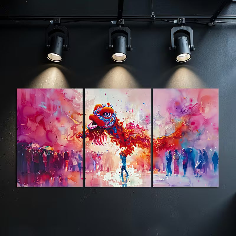 3pcs Lion Dance Blends with The Natural Scenery Wall Art Set Canvas Framed 60x90cm - High Quality Print 100% Australian Made Wall Canvas Ready to Hang