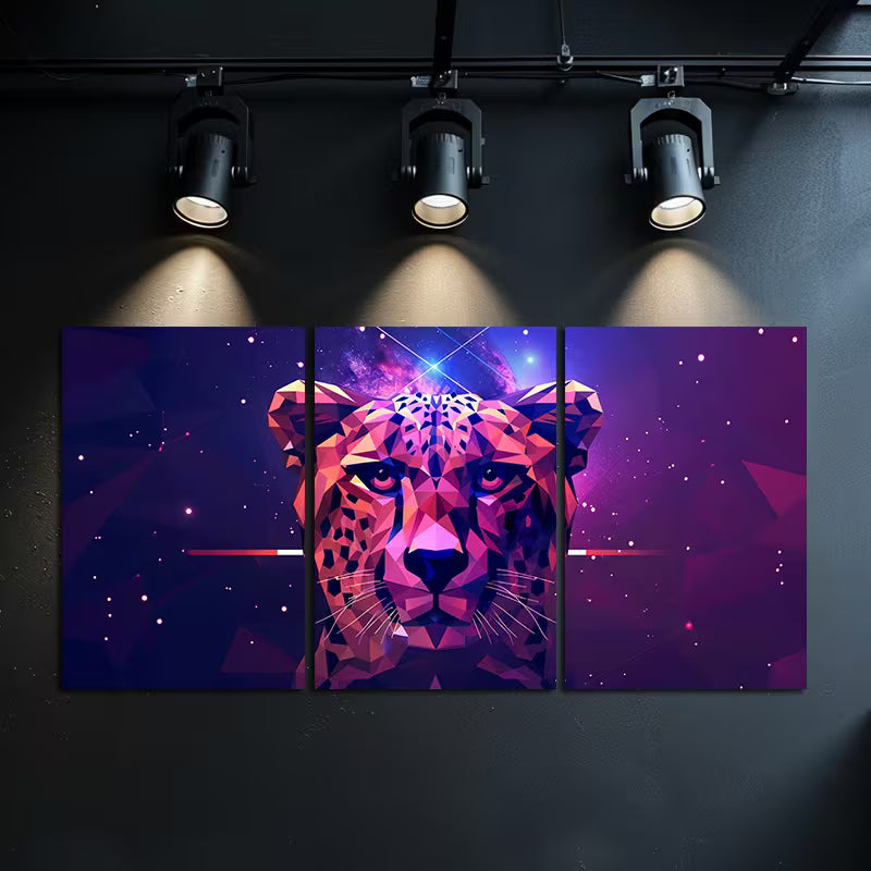 3pcs Geometric Leopard Head in Purple Space Wall Art Set Canvas Framed 60x90cm - High Quality Print 100% Australian Made Wall Canvas Ready to Hang - Bella Home Decor