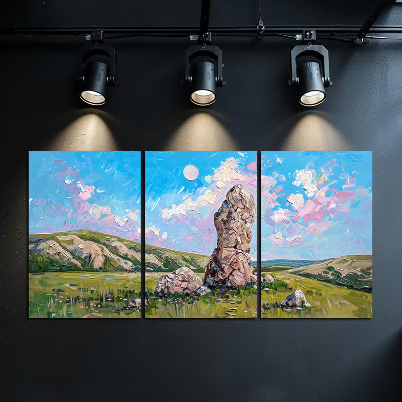 3pcs Rock Landscape with Pink Sky and Moon Wall Art Set Canvas Framed 60x90cm - High Quality Print 100% Australian Made Wall Canvas Ready to Hang