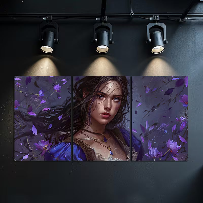 3pcs Digital Painting Featuring a Woman Amidst Purple Flowers Wall Art Set Canvas Framed 40x60cm - High Quality Print 100% Australian Made Wall Canvas Ready to Hang - Bella Home Decor