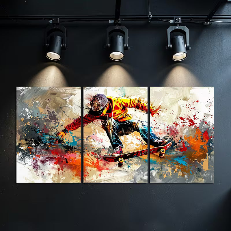 3pcs trajectory of skateboarding with graffiti Wall Art Set Canvas Framed 50x70cm - High Quality Print 100% Australian Made Wall Canvas Ready to Hang