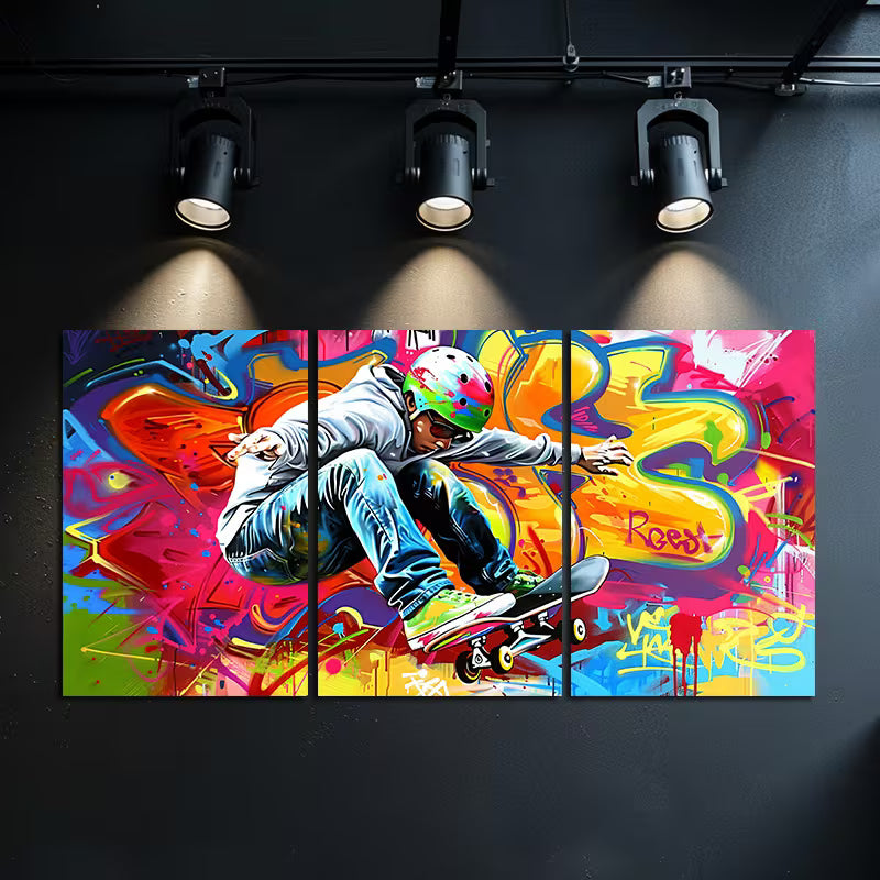 3pcs Graffiti Skateboarder Wall Art Set Canvas Framed 60x90cm - High Quality Print 100% Australian Made Wall Canvas Ready to Hang