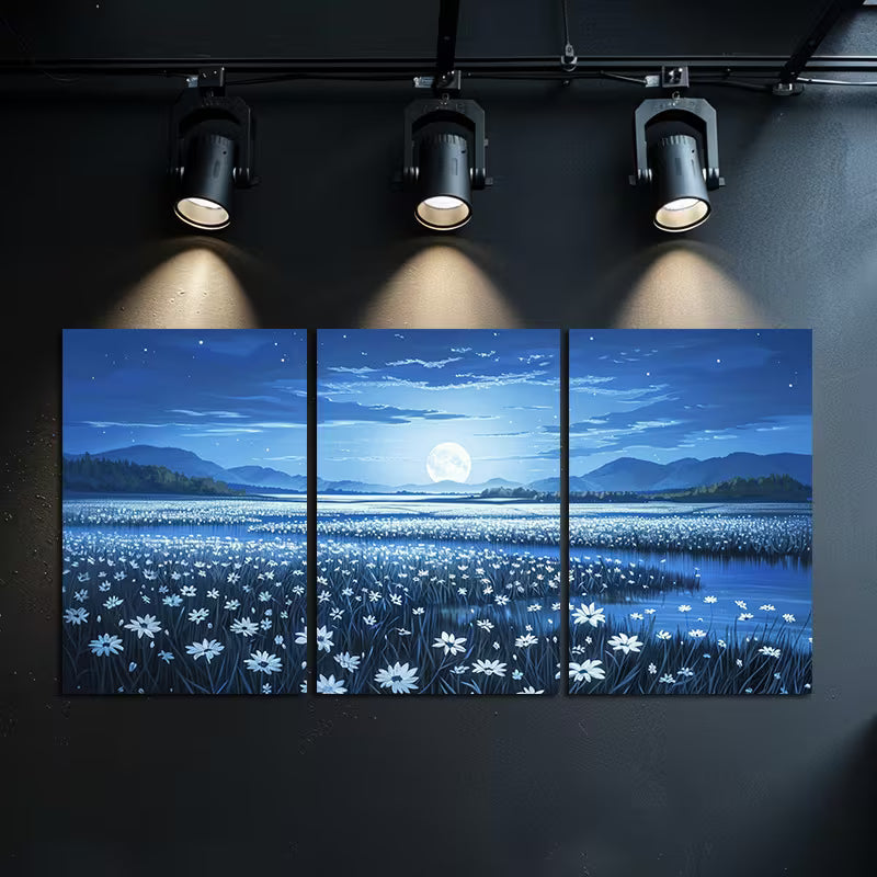 3pcs Oil Paintings with Flowers and Moon Wall Art Set Canvas Framed 50x70cm - High Quality Print 100% Australian Made Wall Canvas Ready to Hang