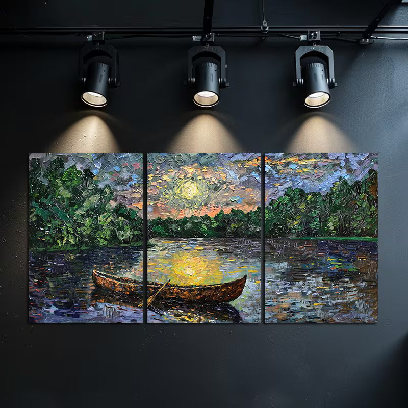 3pcs Moonlit Lake Scene with a Canoe Wall Art Set Canvas Framed 40x60cm - High Quality Print 100% Australian Made Wall Canvas Ready to Hang