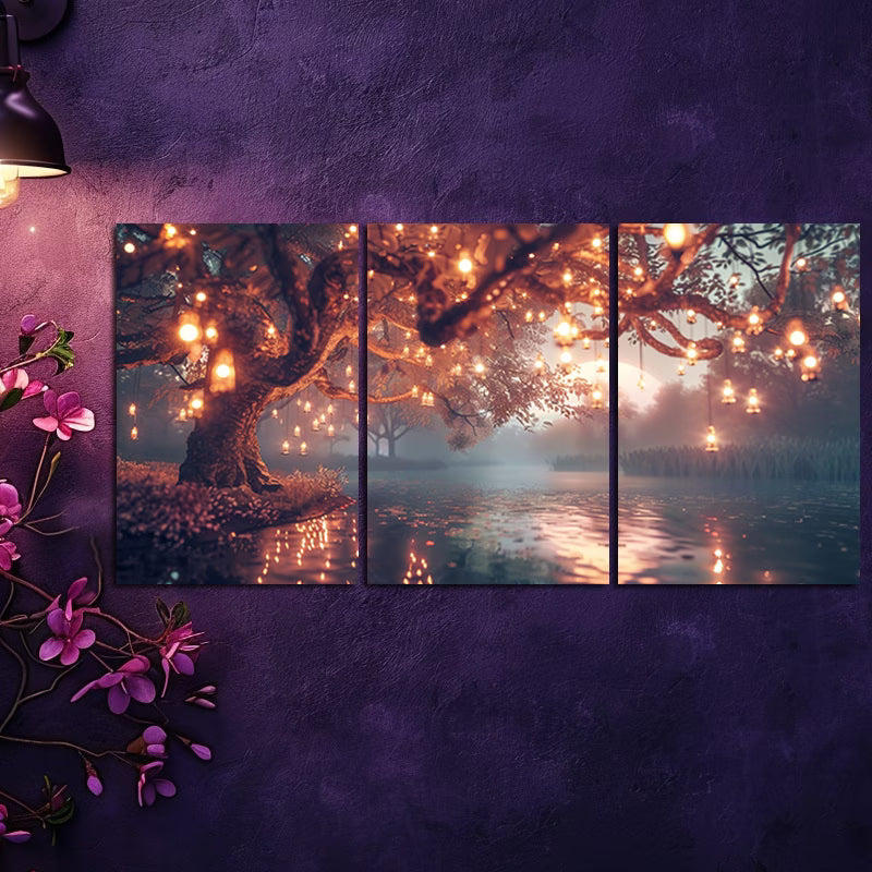 3pcs Enchanted Tree with Hanging Lights & Candle Wall Art Set Canvas Framed 40x60cm - High Quality Print 100% Australian Made Wall Canvas Ready to Hang