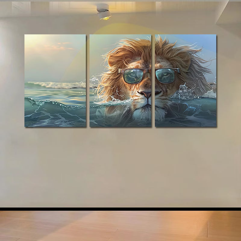 3pcs Lion with Glasses Ocean Wall Art Set Canvas Framed 60x90cm - High Quality Print 100% Australian Made Wall Canvas Ready to Hang