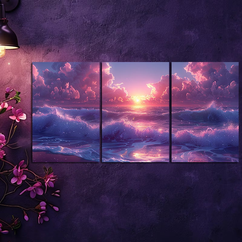 3pcs Beach Sunset with Pink and Purple Clouds Wall Art Set Canvas Framed 60x90cm - High Quality Print 100% Australian Made Wall Canvas Ready to Hang - Bella Home Decor