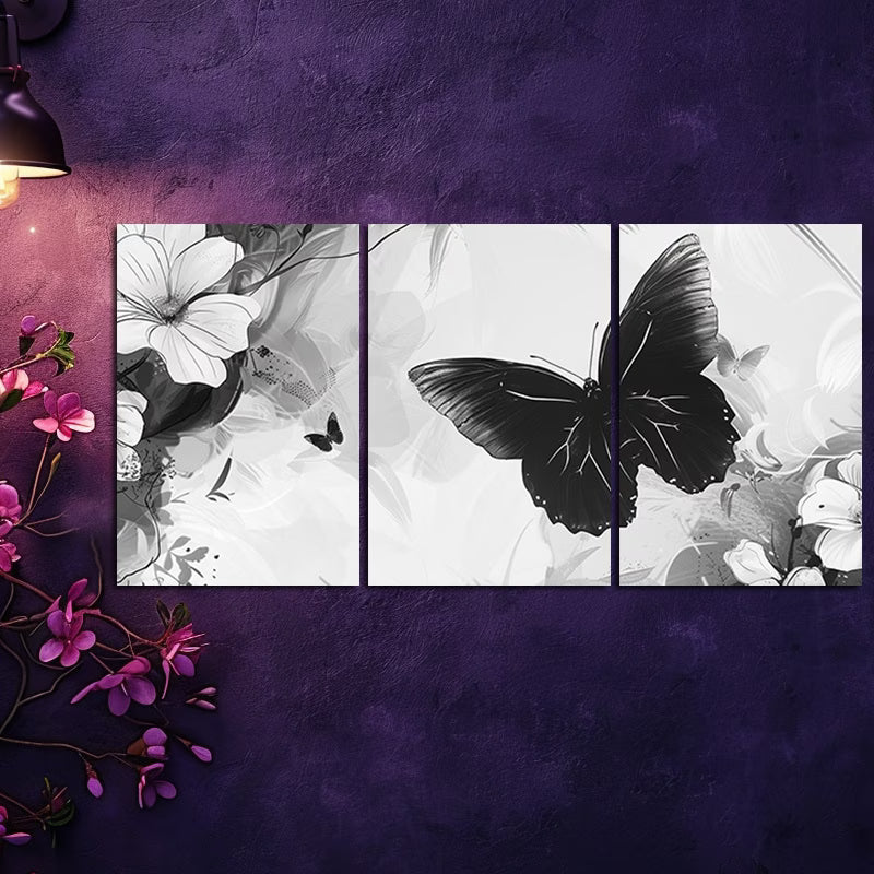 3pcs Black Butterfly Modern Illustration Wall Art Set Canvas Framed 50x70cm - High Quality Print 100% Australian Made Wall Canvas Ready to Hang