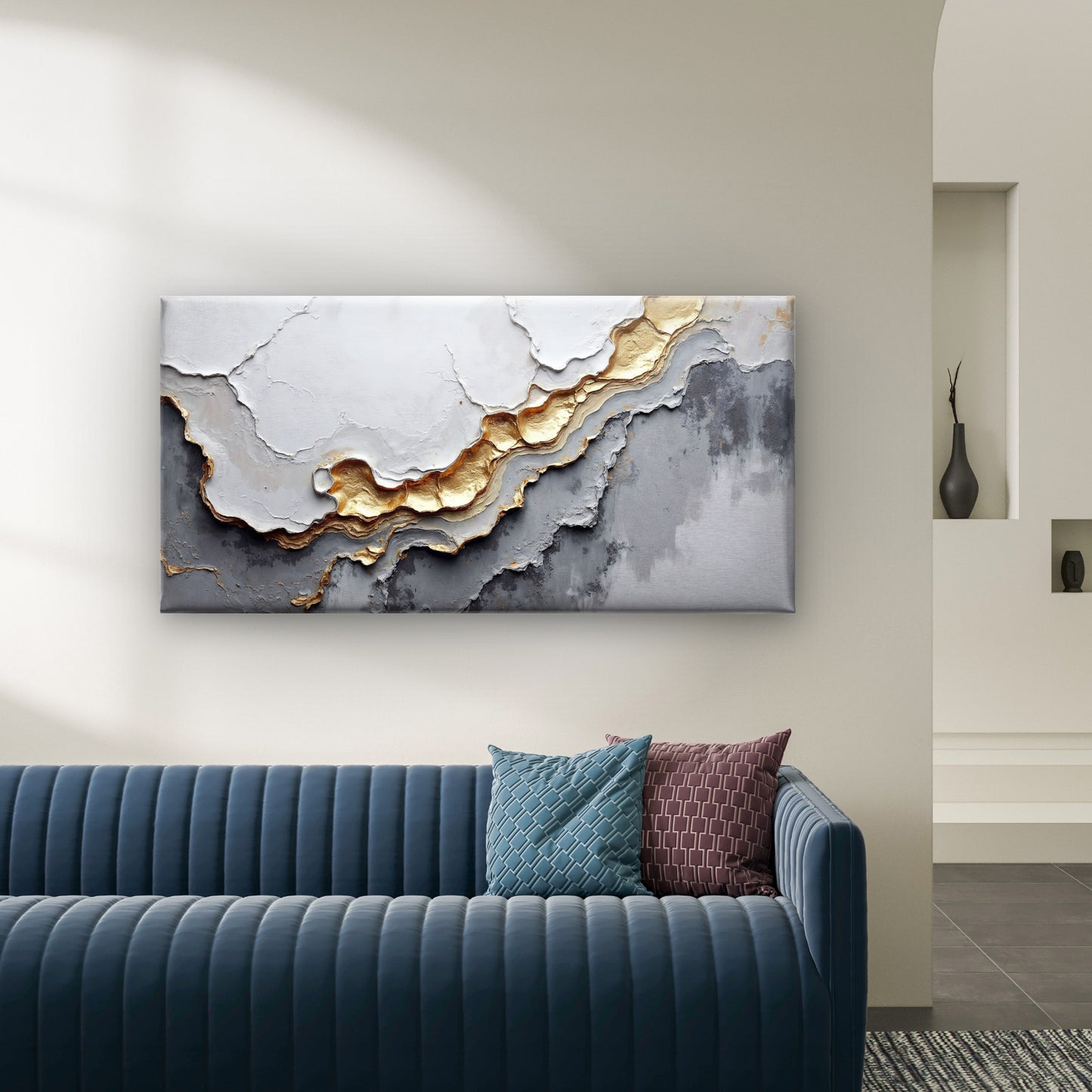 Grey Gold Textured Abstract Wall Art Canvas Office Home Room Framed 120x60cm
