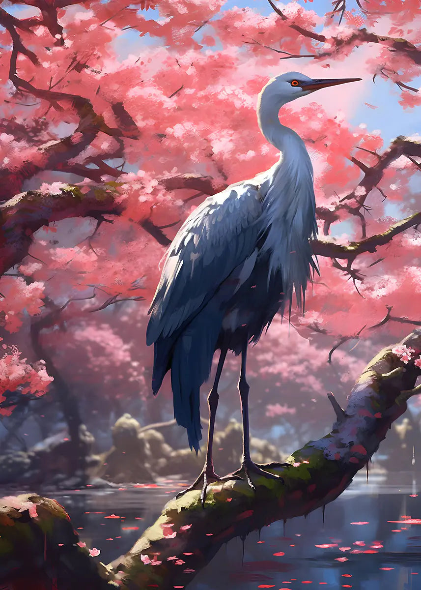 White Egret Heron Sakura Garden 40x60cm Metal Print Ready to Hang