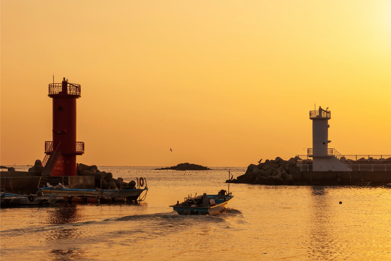 Golden sunset over Songjeong Port lighthouses, South Korea Wall Art Decor 100% Australian Made