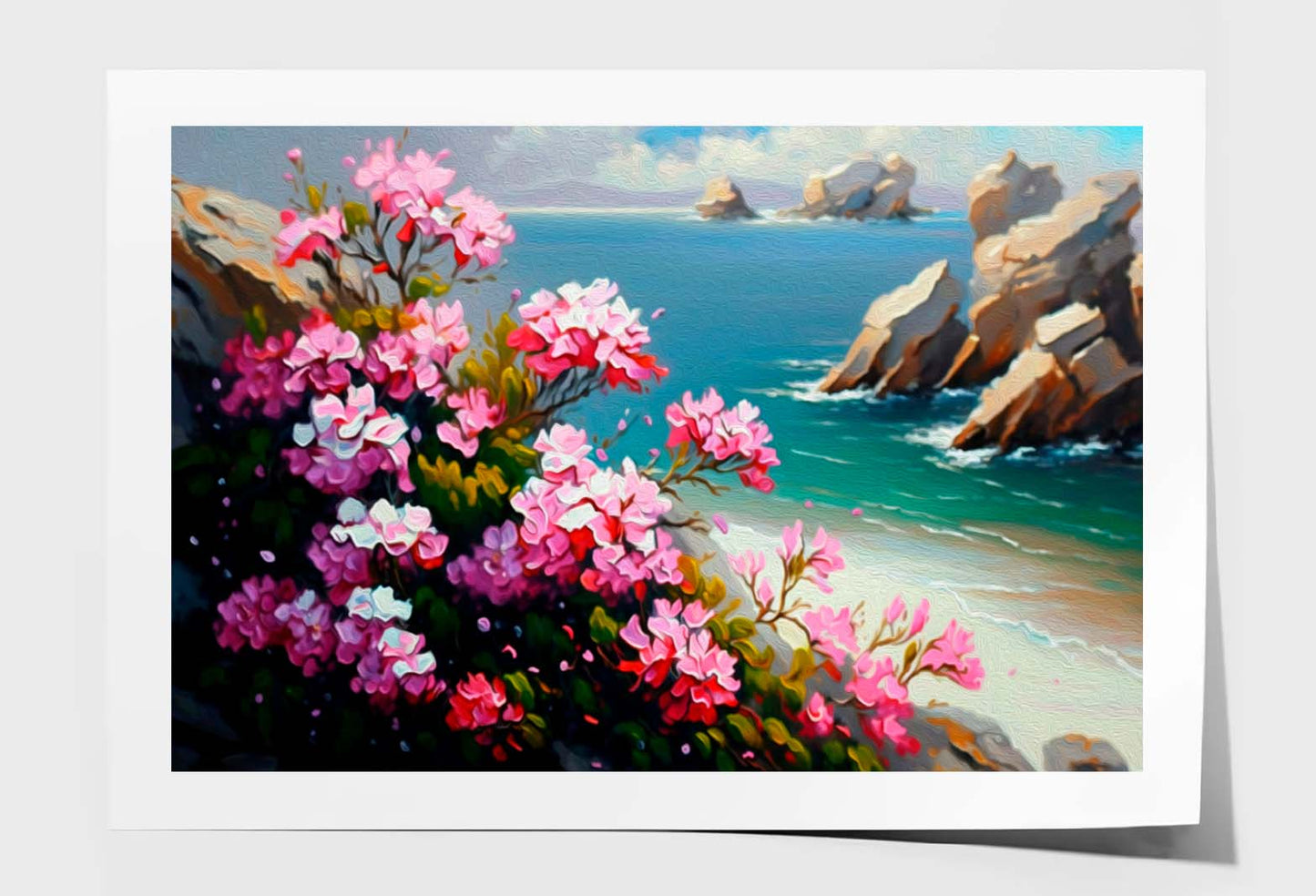 Pink Flowers by The Sea Painting Wall Art Limited Edition High Quality Print Unframed Roll Canvas None