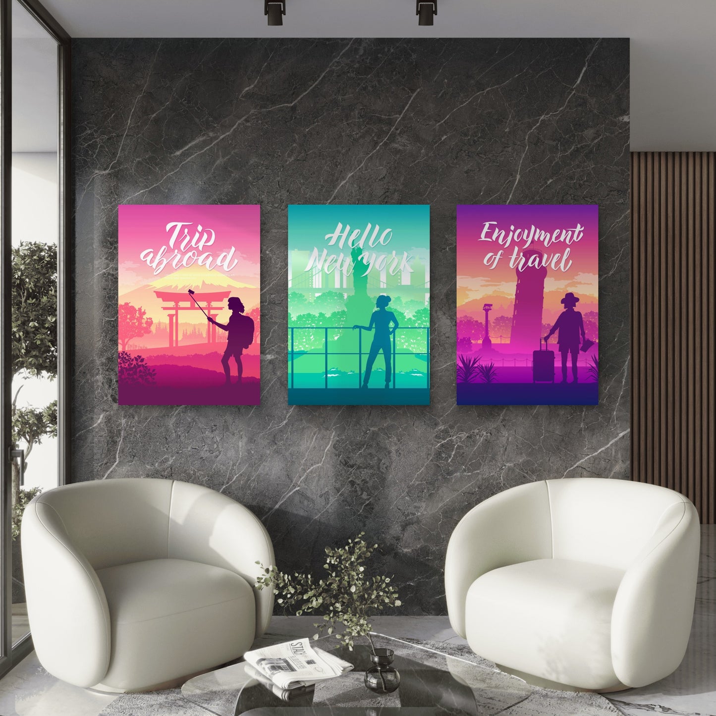 3pcs Retro Silhouette Pastel Travel Landscape Wall Art Set Canvas Framed 50x70cm - High Quality Print 100% Australian Made Wall Canvas Ready to Hang