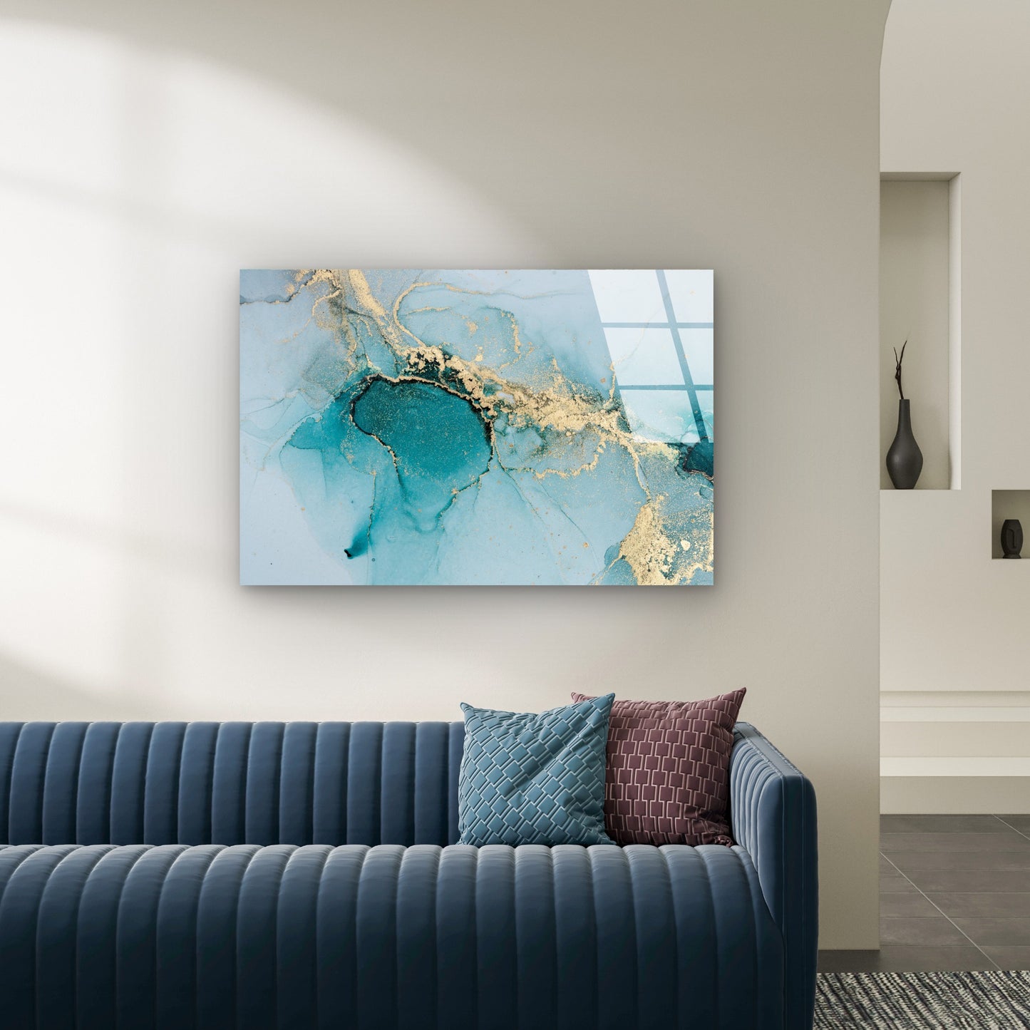 Abstract Teal Ink Gold Glitter Glass Printing Wall Art Australian Made Quality