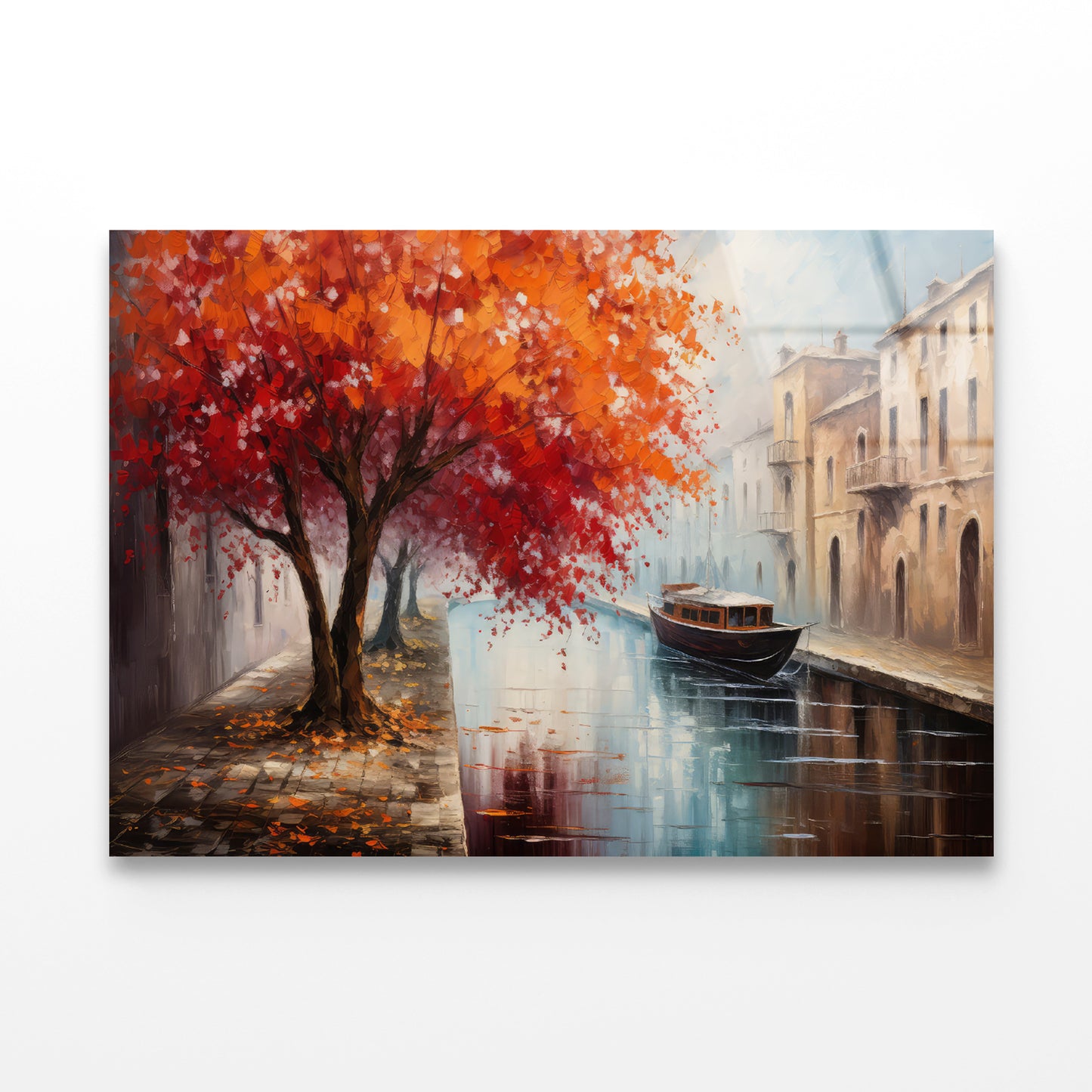 Red Tree, Street View of Venice Oil Painting Acrylic Glass Print Tempered Glass Wall Art 100% Made in Australia Ready to Hang