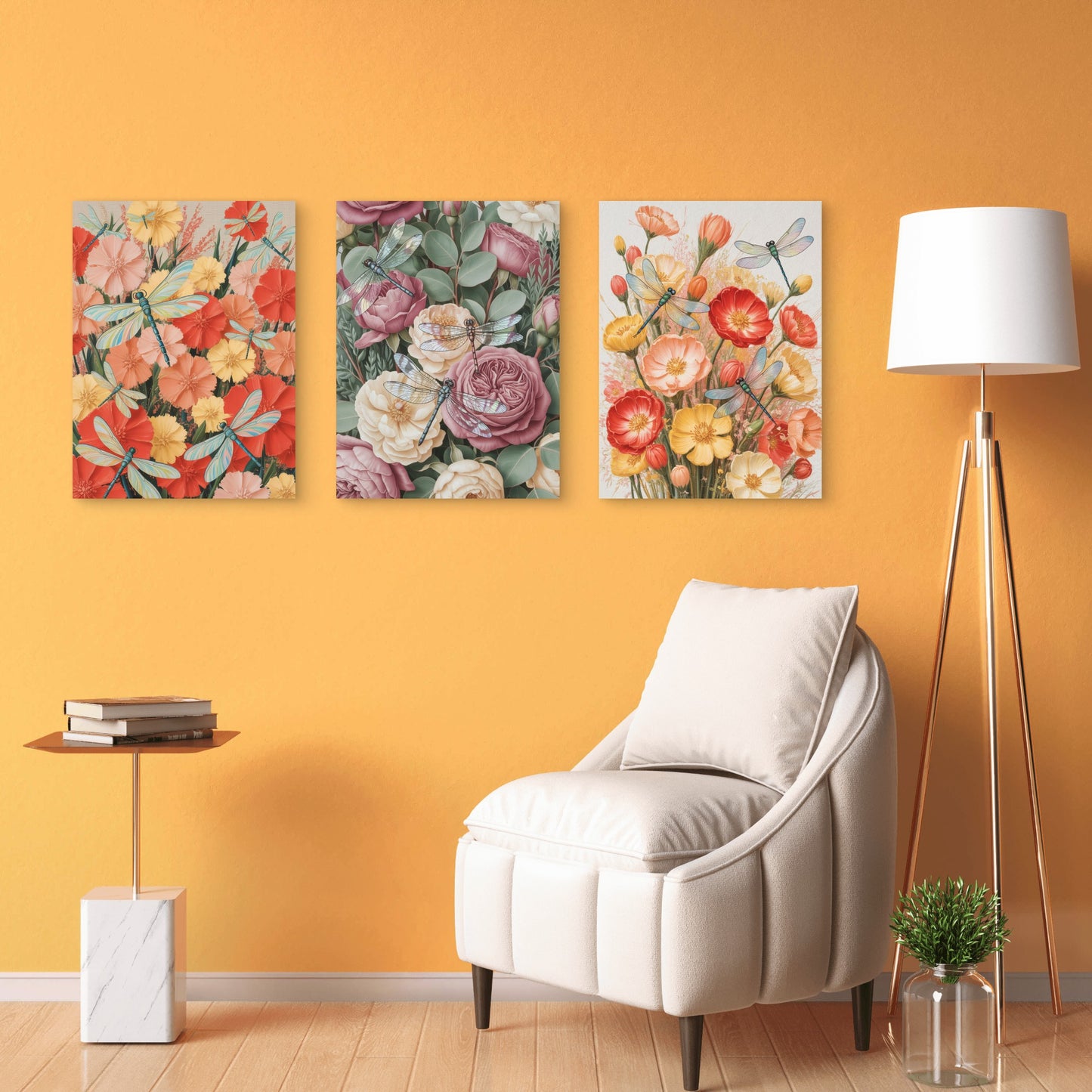 3pcs Garden Rose Vintage Dragonfly Flowers Wall Art Set Canvas Framed 40x60cm - High Quality Print 100% Australian Made Wall Canvas Ready to Hang