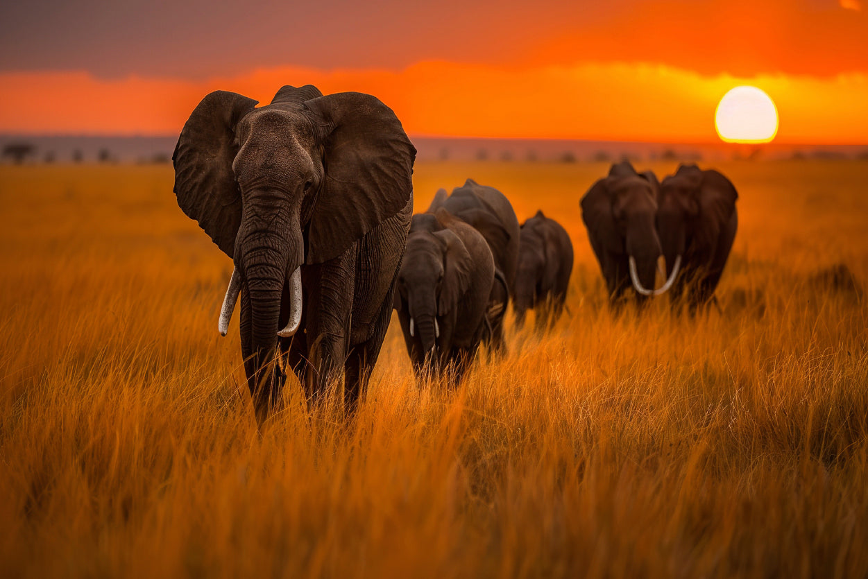 Elephants Walking Through a Field at Sunset View Home Decor Premium Quality Poster Print Choose Your Sizes - Bella Home Decor