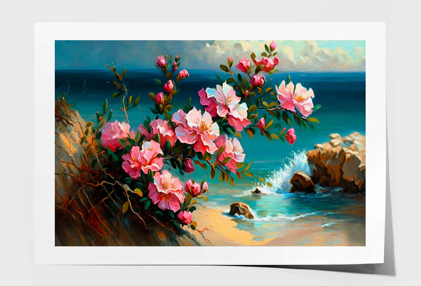 Pink Flowers by The Sea Painting Wall Art Limited Edition High Quality Print Unframed Roll Canvas None