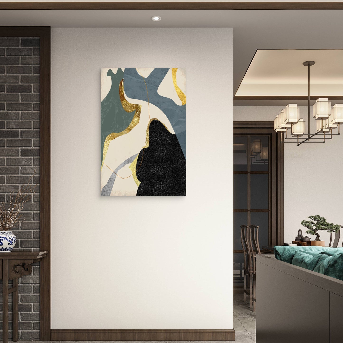 Teal Navy Blue Gold Foil Abstract Shapes 40x60cm Metal Print Ready to Hang