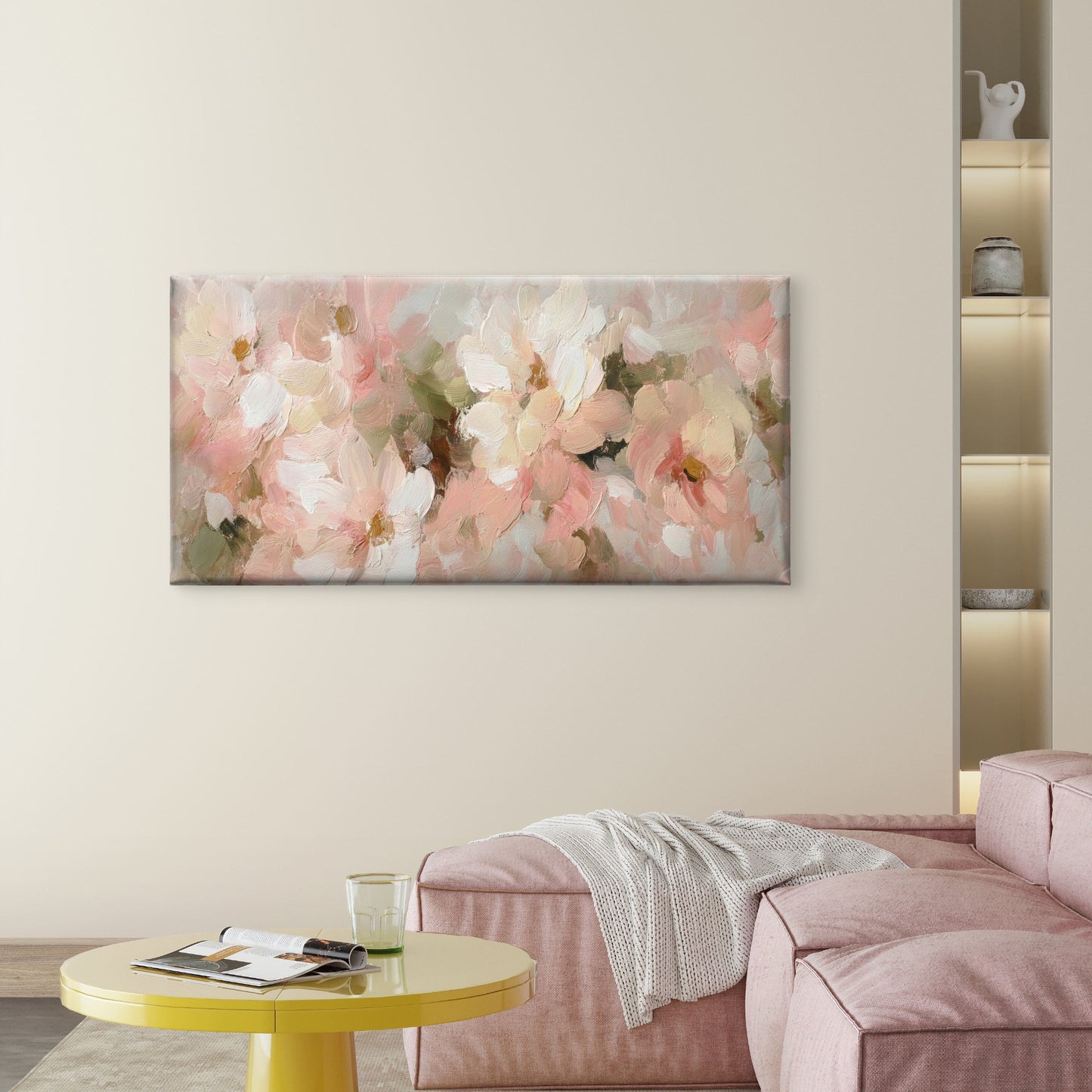 Blush Pink Floral Painting Wall Art Canvas Office Home Room Framed 120x60cm