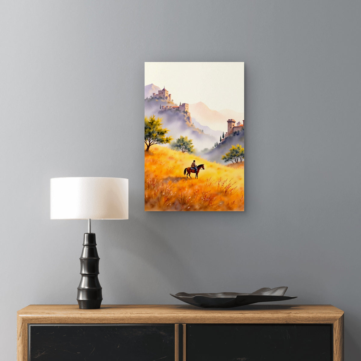 Rider Horseback Overlooking Castle Golden Landscape 40x60cm Metal Print Ready to Hang