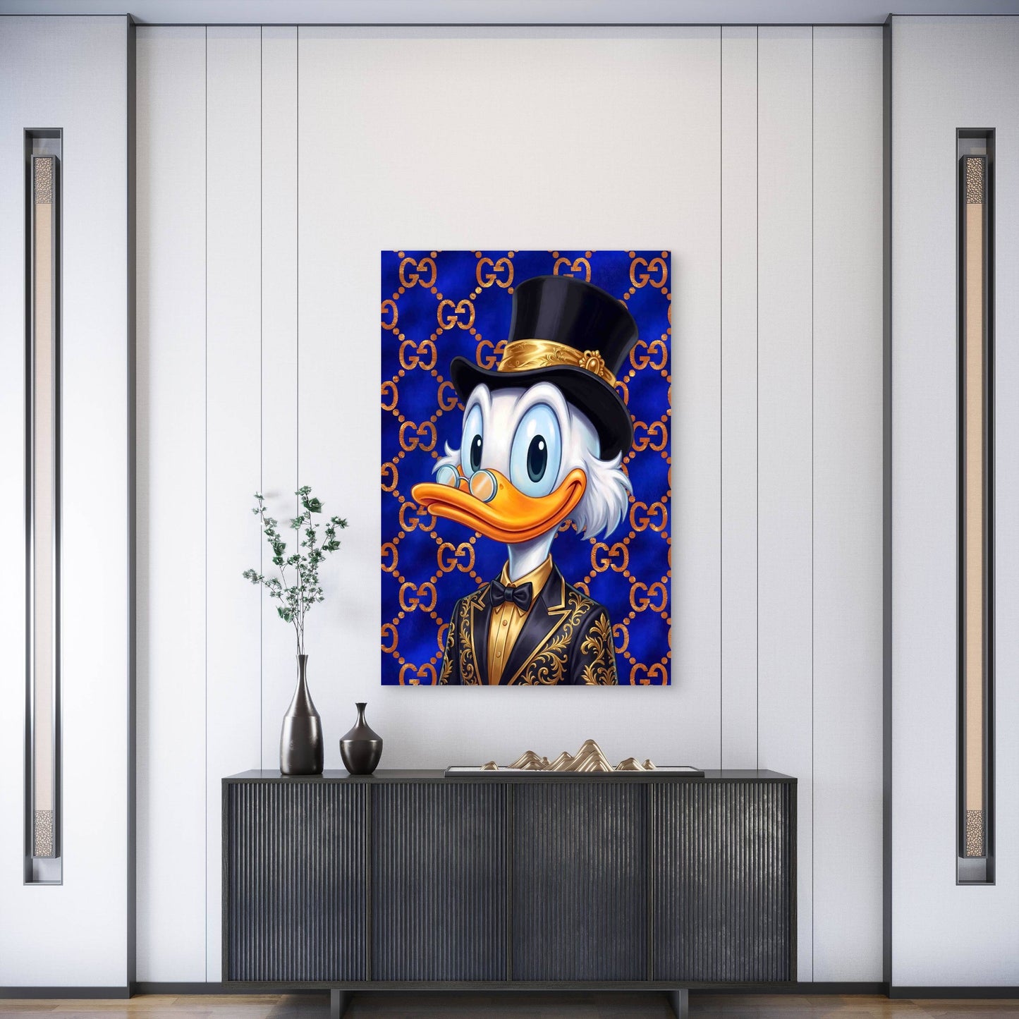Luxury Gold Monogram Wealth Duck Top Hat Tuxed 40x60cm Metal Print Ready to Hang