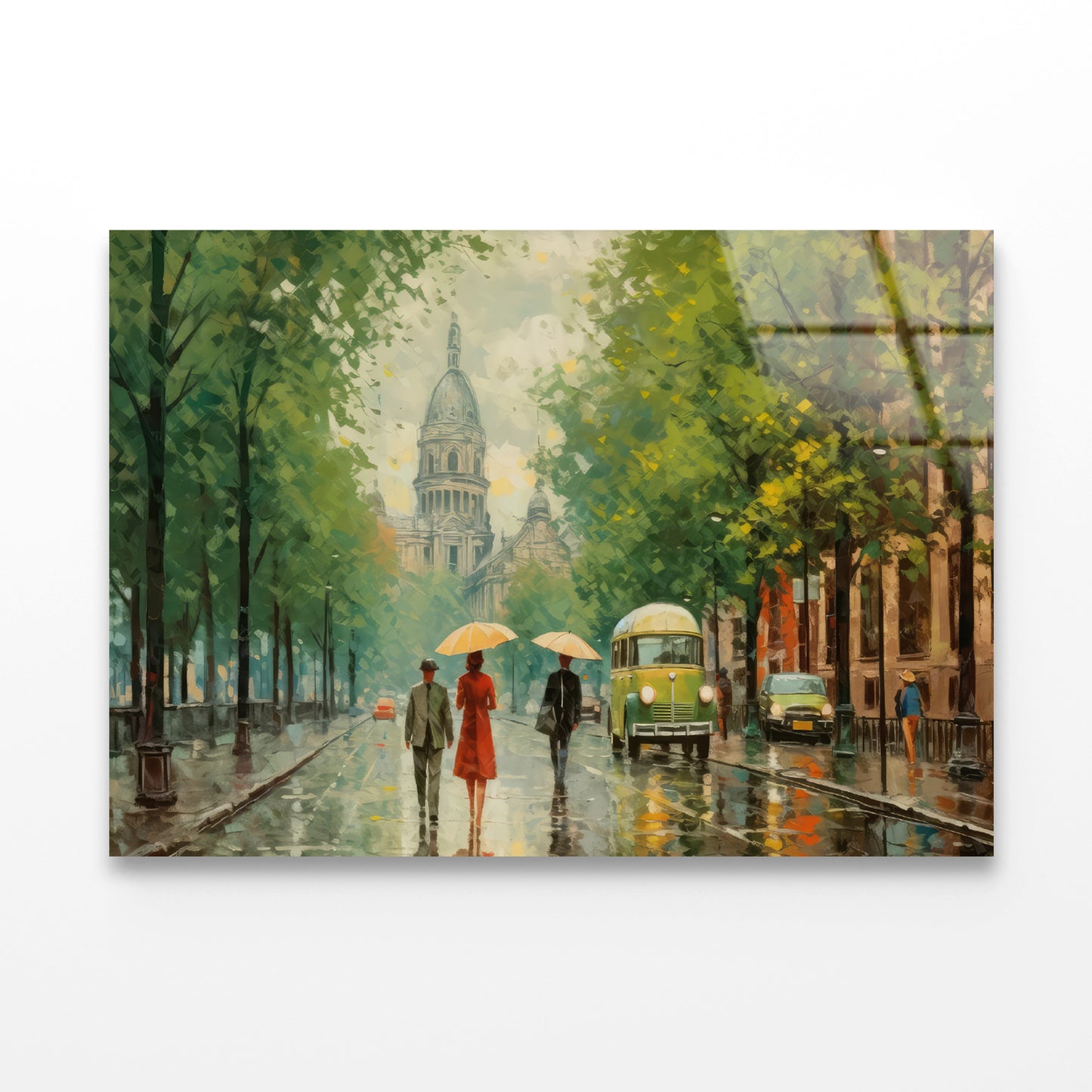 Painting Of People Walking Holding Umbrellas in the Rain in a City Acrylic Glass Print Tempered Glass Wall Art 100% Made in Australia Ready to Hang