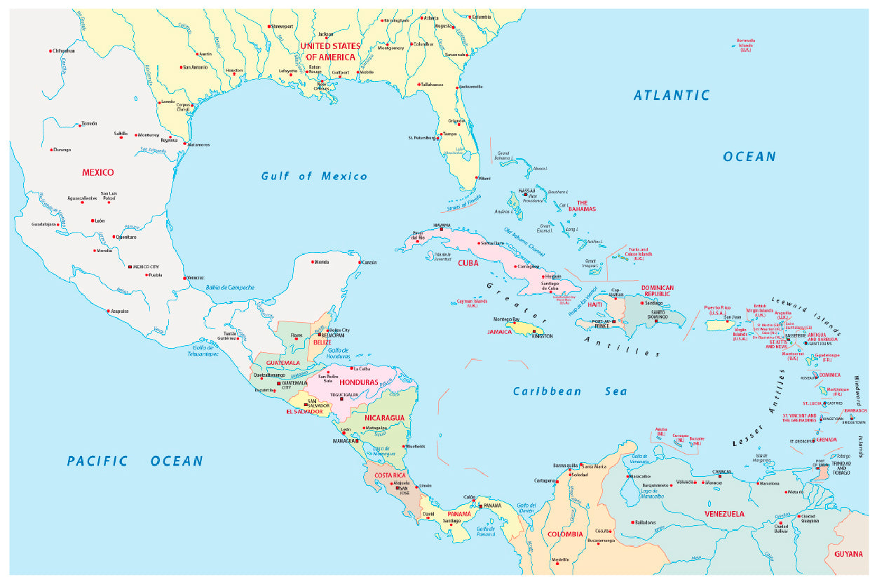 America Central, Antilles Map Home Decor Premium Quality Poster Print Choose Your Sizes - Bella Home Decor