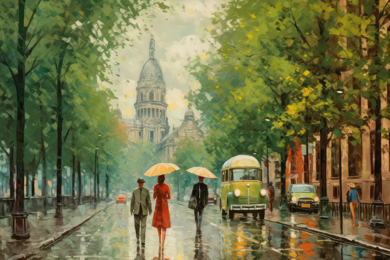 Painting Of People Walking Holding Umbrellas in the Rain in a City Home Decor Premium Quality Poster Print Choose Your Sizes - Bella Home Decor