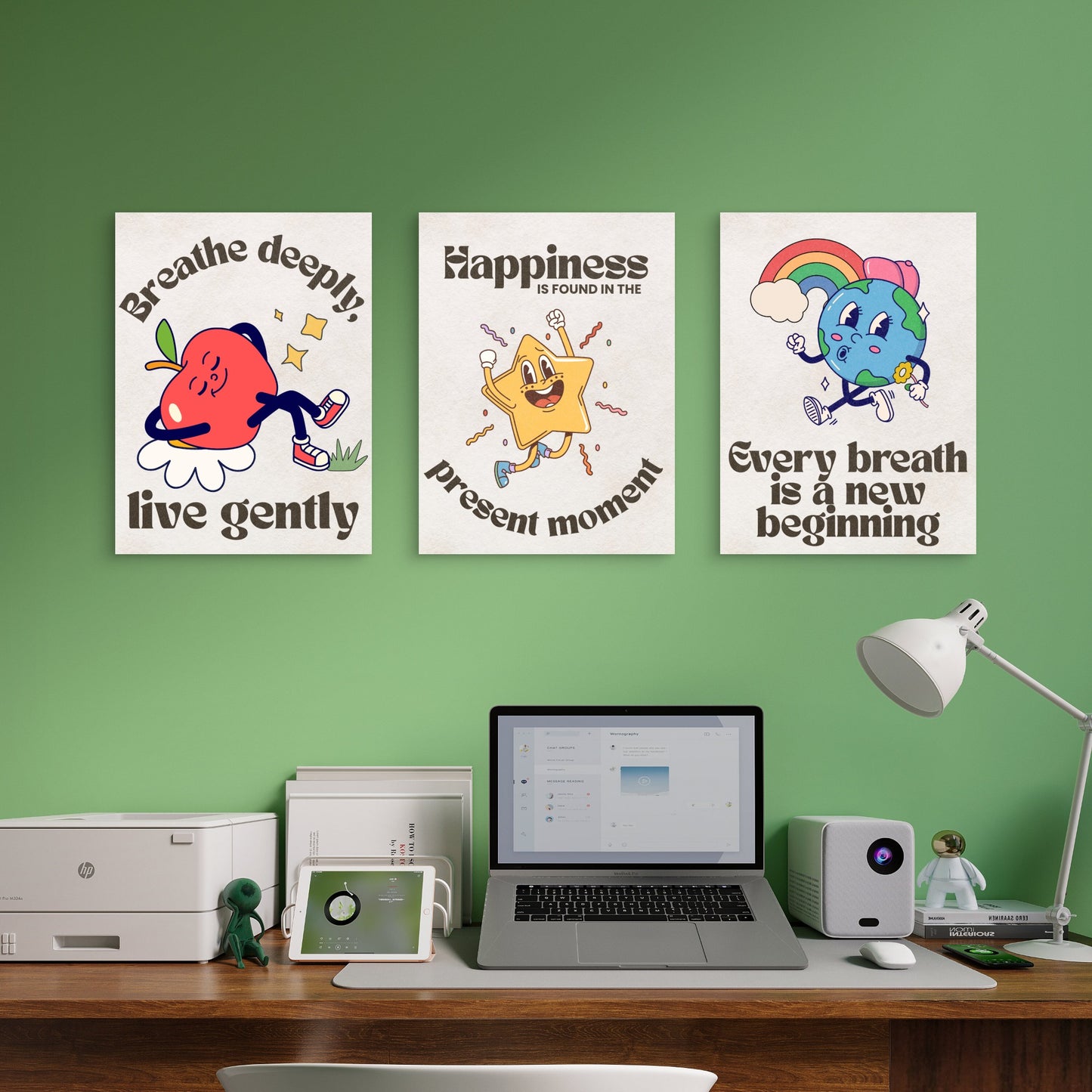 3pcs Vintage Happy Affirmations Mindful Quotes Painting Wall Art Set Canvas Framed 40x60cm - High Quality Print 100% Australian Made Wall Canvas Ready to Hang