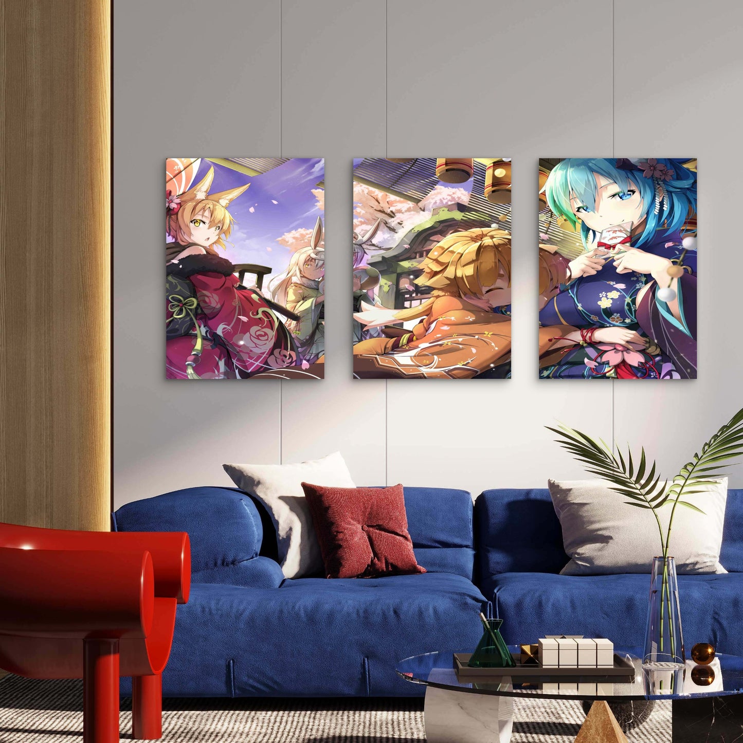 3pcs Anime Kimono Spring Festival Cherry Blossom Metal Print Ready to Hang Art